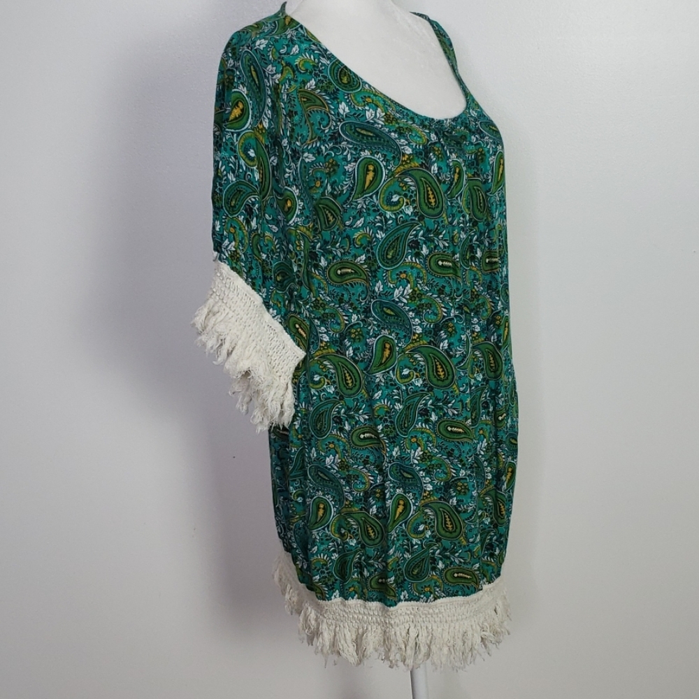 Umgee Green Paisley Tunic Fringe Dress, Size S - Picture 3 of 8